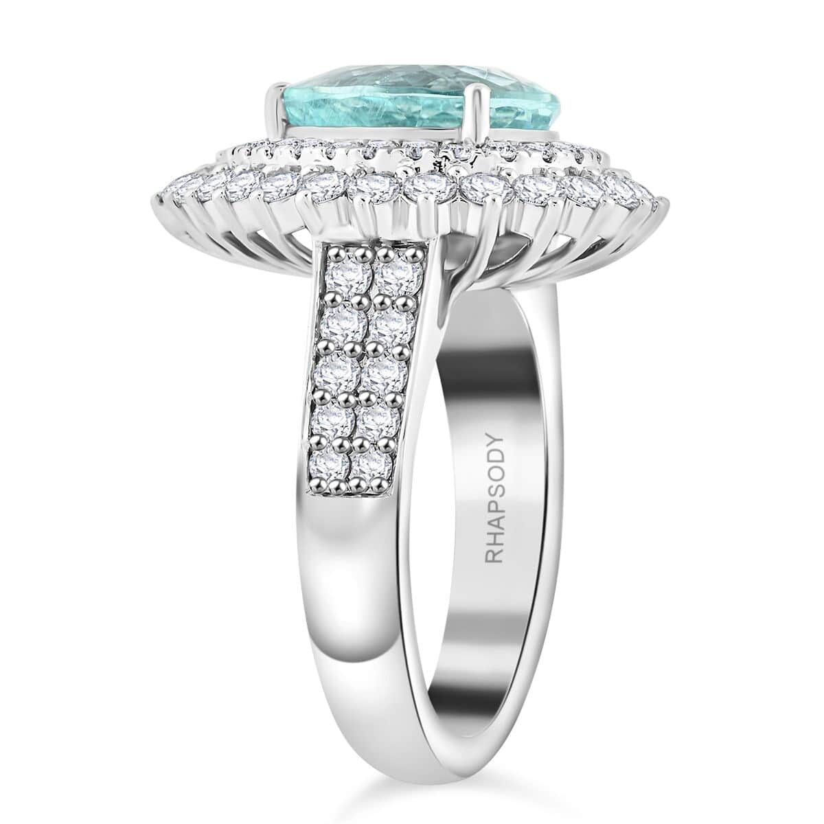 Chairman's Vault Certified & Appraised Rhapsody AAAA Paraiba Tourmaline and E-F VS Diamond 5.40 ctw Ring in 950 Platinum (Size 7.0) 14.45 Grams image number 3