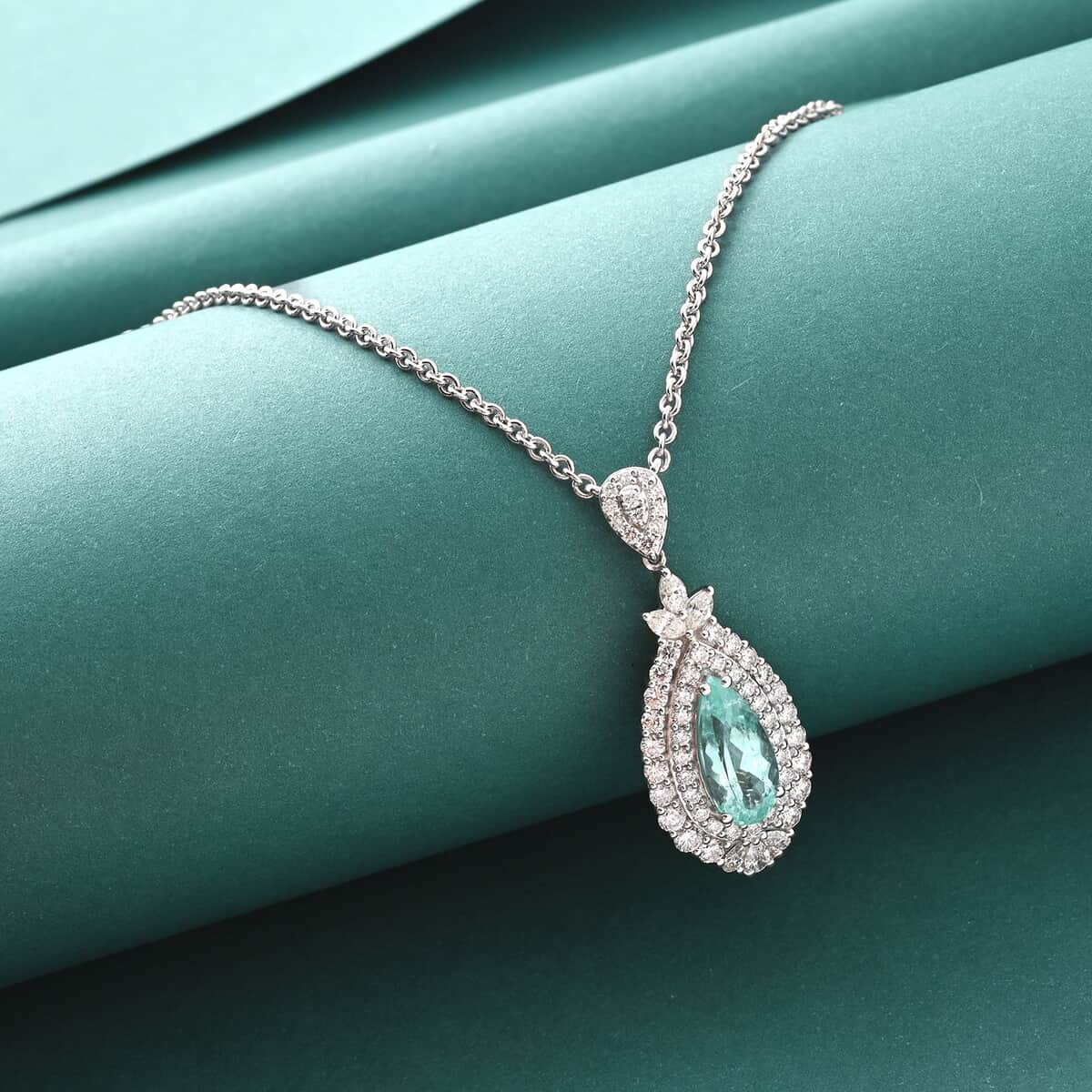 Chairman's Vault Certified & Appraised Rhapsody AAAA Paraiba Tourmaline and E-F VS Diamond 3.50 ctw Pendant in 950 Platinum 16.95 Grams image number 1