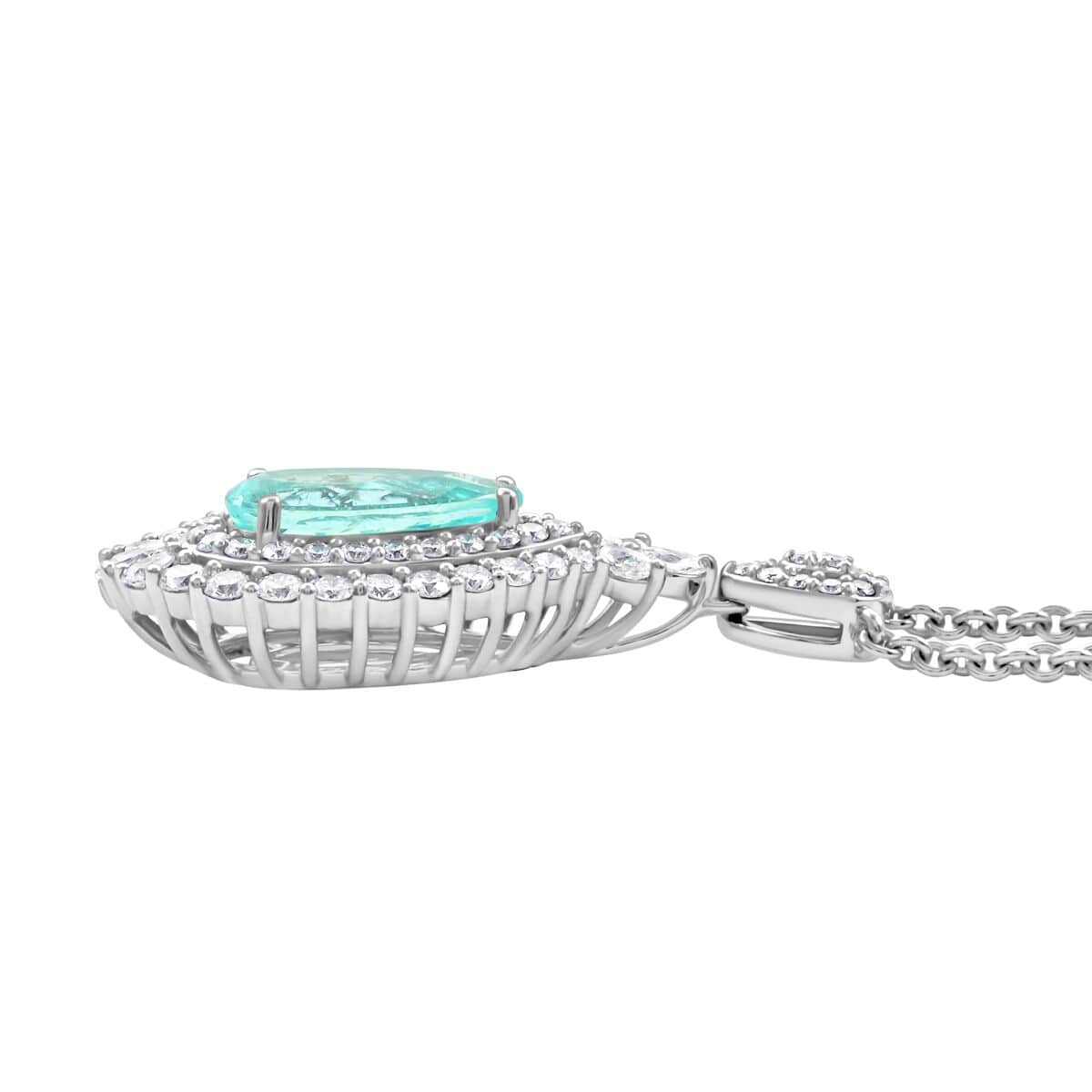 Chairman's Vault Certified & Appraised Rhapsody AAAA Paraiba Tourmaline and E-F VS Diamond 3.50 ctw Pendant in 950 Platinum 16.95 Grams image number 2