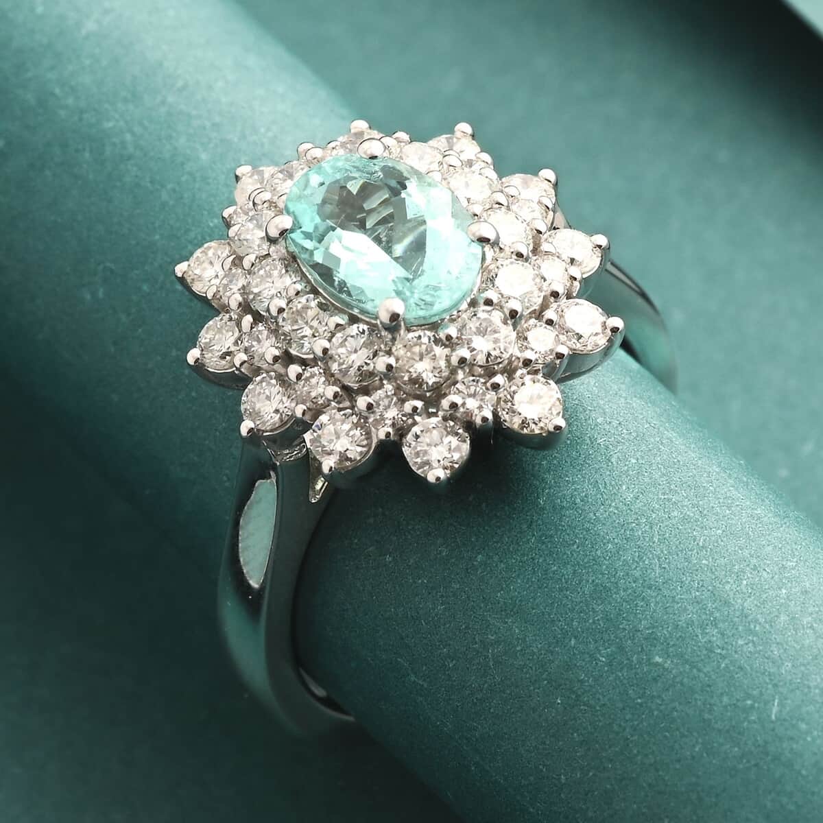 Chairman's Vault Certified & Appraised Rhapsody AAAA Paraiba Tourmaline and E-F VS Diamond 2.50 ctw Ring in 950 Platinum (Size 7.0) 11.60 Grams image number 1