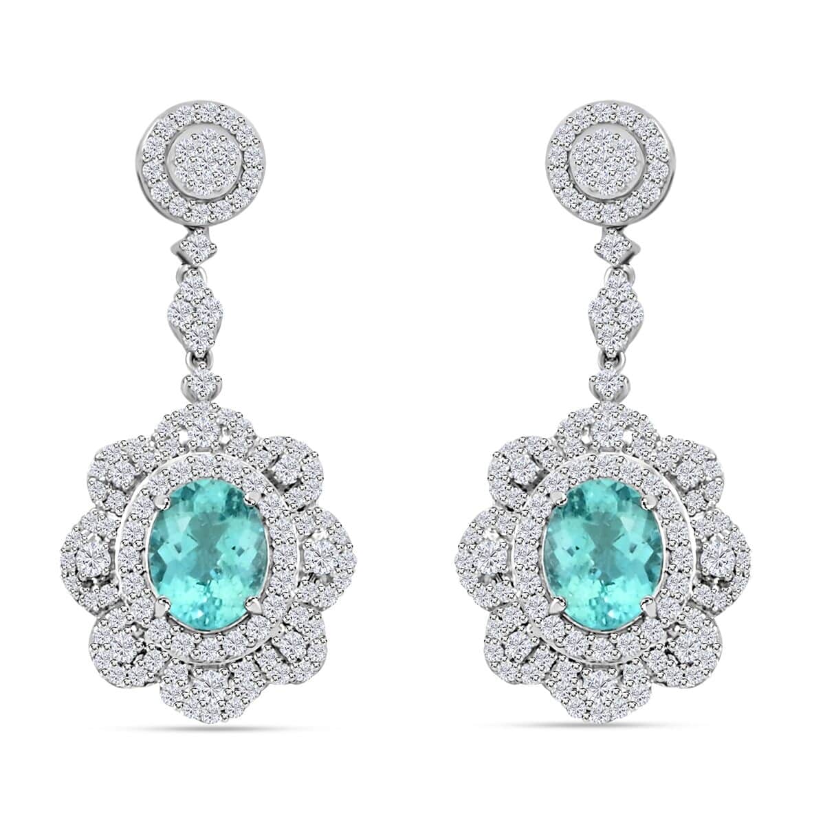 Chairman's Vault Certified & Appraised Rhapsody AAAA Paraiba Tourmaline and E-F VS Diamond 5.51 ctw Earrings in 950 Platinum 15.80 Grams image number 0