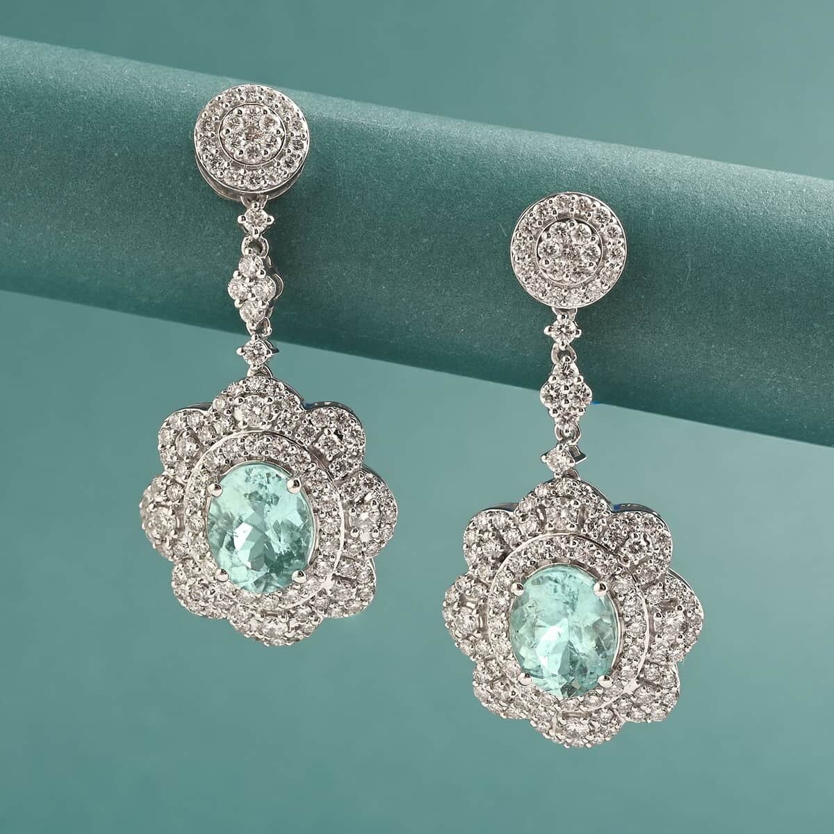 Chairman's Vault Certified & Appraised Rhapsody AAAA Paraiba Tourmaline and E-F VS Diamond 5.51 ctw Earrings in 950 Platinum 15.80 Grams image number 1