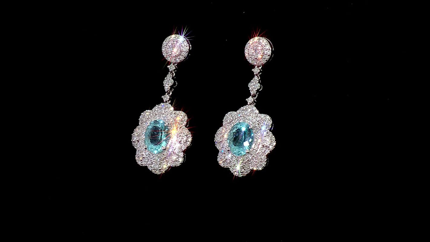 Chairman Vault Collection Certified & Appraised Rhapsody AAAA Paraiba Tourmaline and E-F VS Diamond 5.51 ctw Earrings in 950 Platinum 15.80 Grams