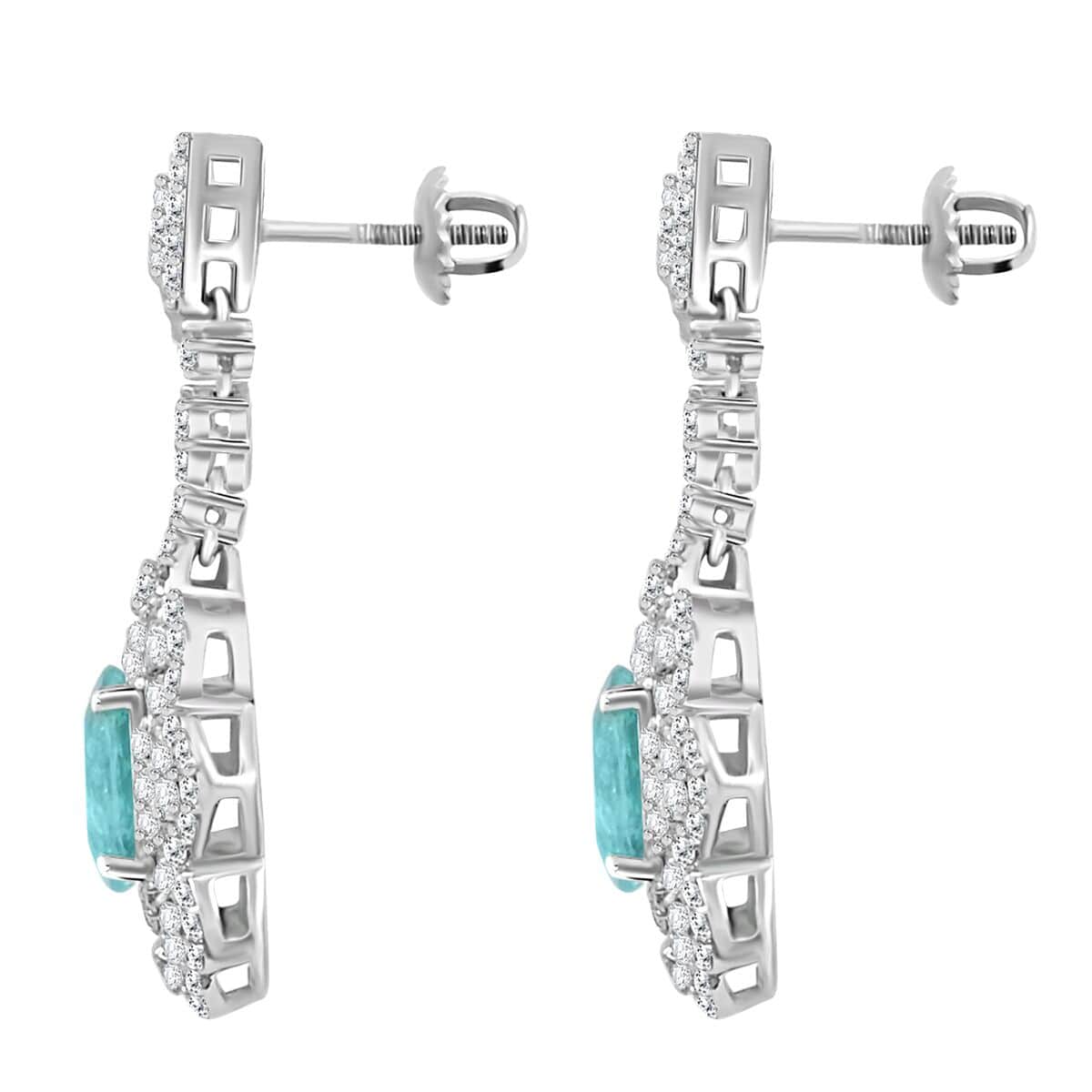 Chairman's Vault Certified & Appraised Rhapsody AAAA Paraiba Tourmaline and E-F VS Diamond 5.51 ctw Earrings in 950 Platinum 15.80 Grams image number 3