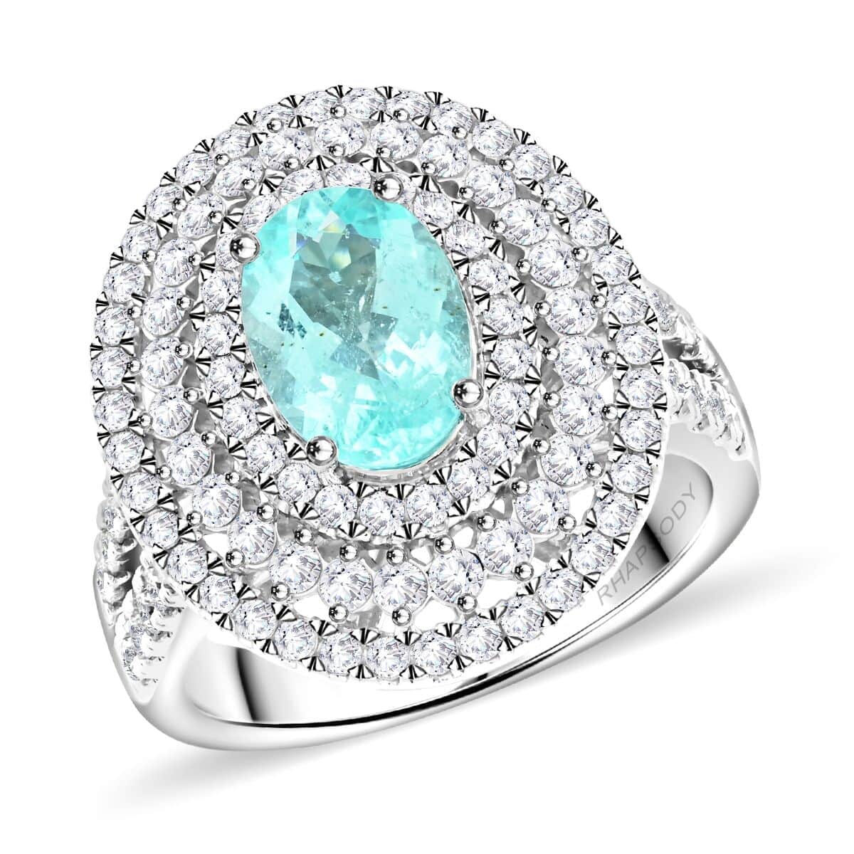 Chairman's Vault Certified & Appraised Rhapsody AAAA Paraiba Tourmaline and E-F VS Diamond 3.10 ctw Ring in 950 Platinum (Size 7.0) 13.35 Grams image number 0