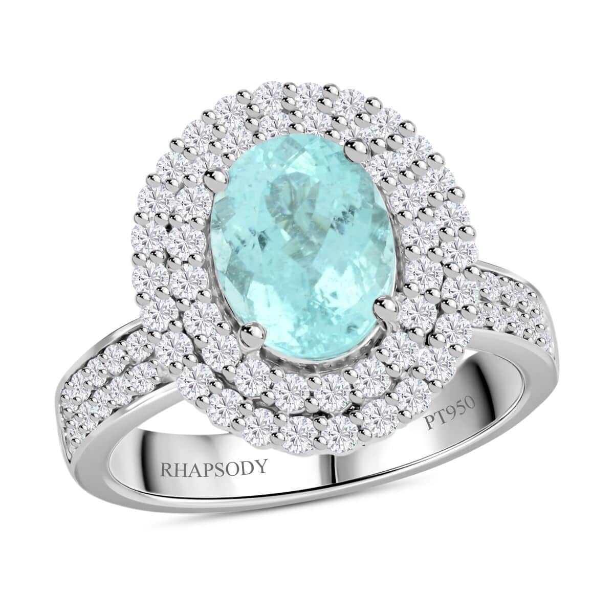 Chairman's Vault Certified & Appraised Rhapsody AAAA Paraiba Tourmaline and E-F VS Diamond 3.50 ctw Ring in 950 Platinum (Size 7.0) 11.25 Grams image number 0