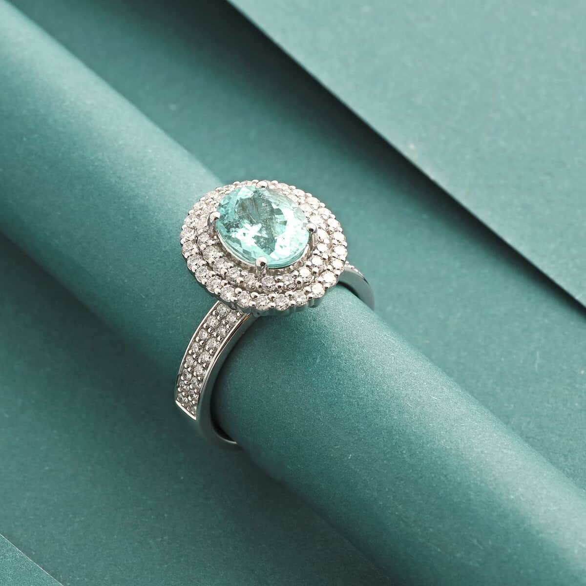 Chairman's Vault Certified & Appraised Rhapsody AAAA Paraiba Tourmaline and E-F VS Diamond 3.50 ctw Ring in 950 Platinum (Size 7.0) 11.25 Grams image number 1