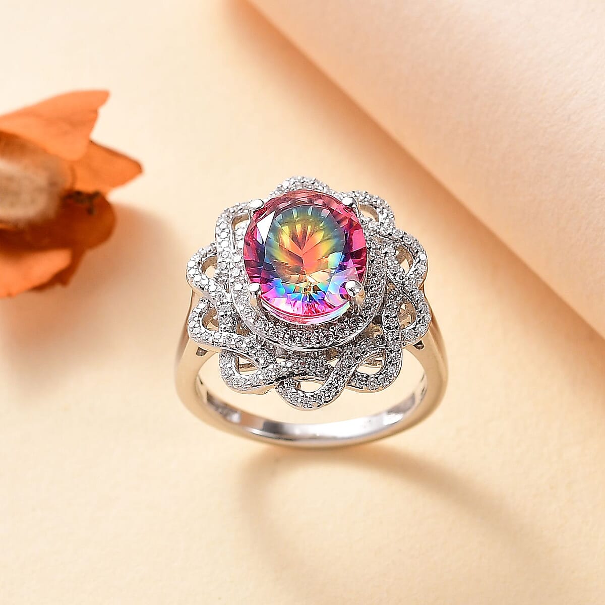 Nebula Quartz Doublet and Moissanite 4.65 ctw Eternal Spectrum Ring in Rhodium Over Sterling Silver (Size 7.0) image number 1
