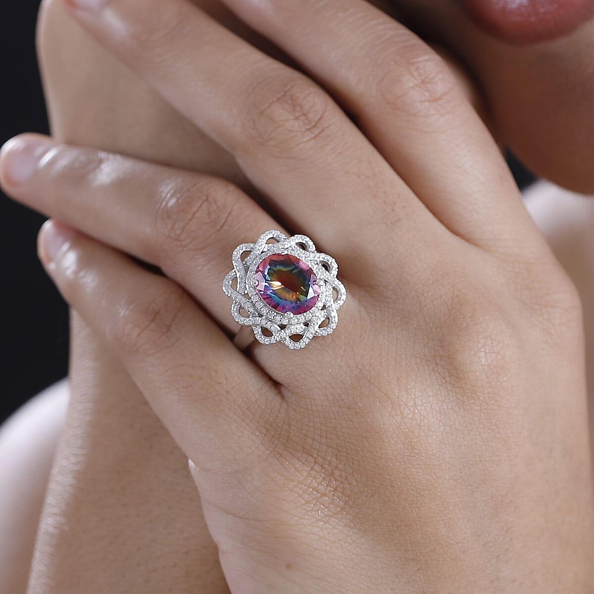 Nebula Quartz Doublet and Moissanite 4.65 ctw Eternal Spectrum Ring in Rhodium Over Sterling Silver (Size 7.0) image number 2