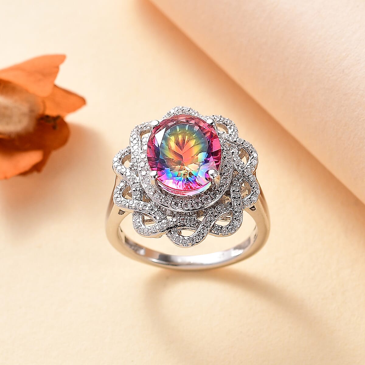 D'Joy Nebula Quartz Doublet and Moissanite 4.65 ctw Eternal Spectrum Ring in Rhodium Over Sterling Silver (Size 8.0) image number 1
