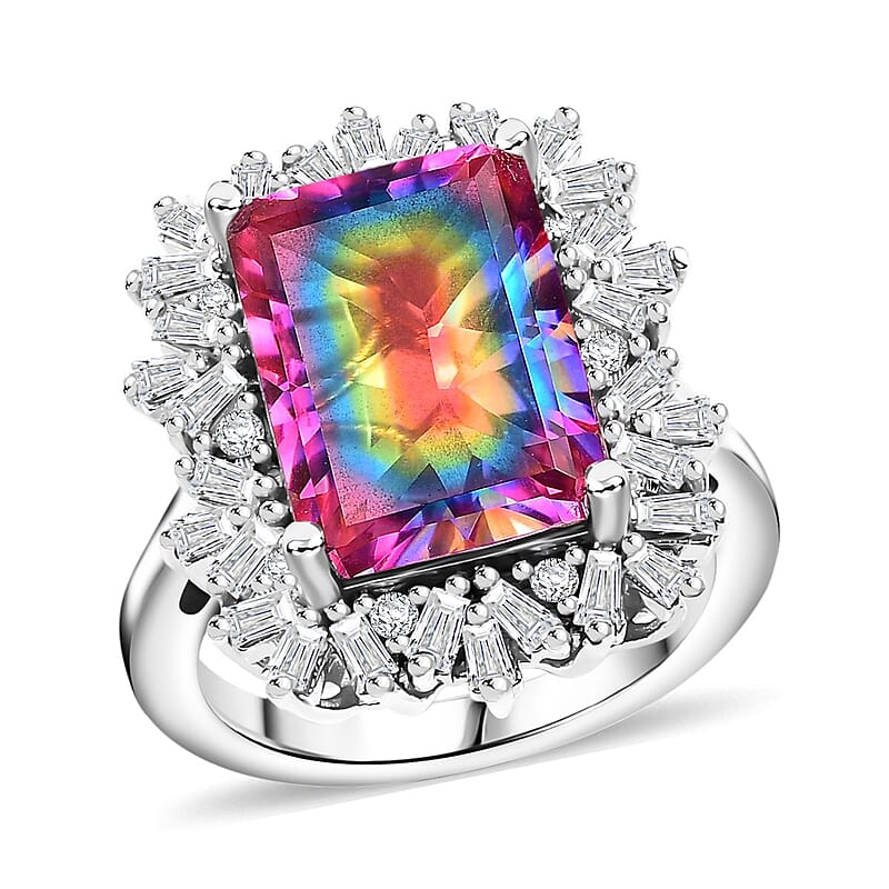 D'Joy Nebula Quartz Doublet and Moissanite 8.90 ctw Cosmic Ray Ring in Rhodium Over Sterling Silver (Size 10.0)