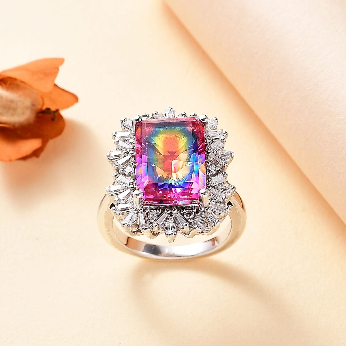 D'Joy Nebula Quartz Doublet and Moissanite 8.90 ctw Cosmic Ray Ring in Rhodium Over Sterling Silver (Size 10.0) image number 1