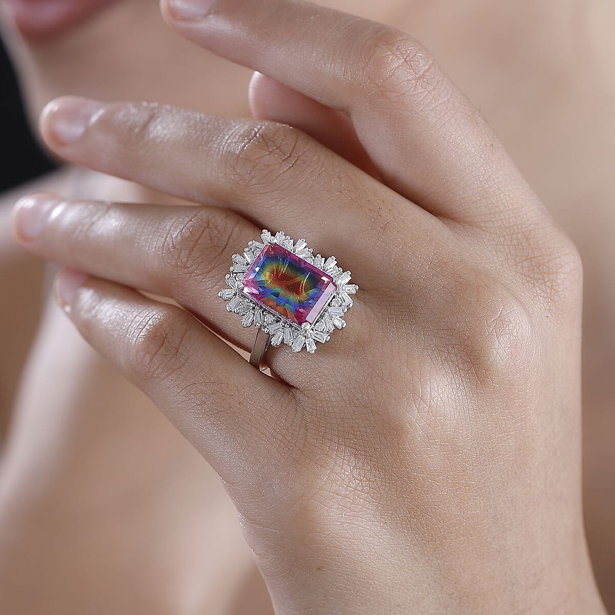 D'Joy Nebula Quartz Doublet and Moissanite 8.90 ctw Cosmic Ray Ring in Rhodium Over Sterling Silver (Size 10.0) image number 2