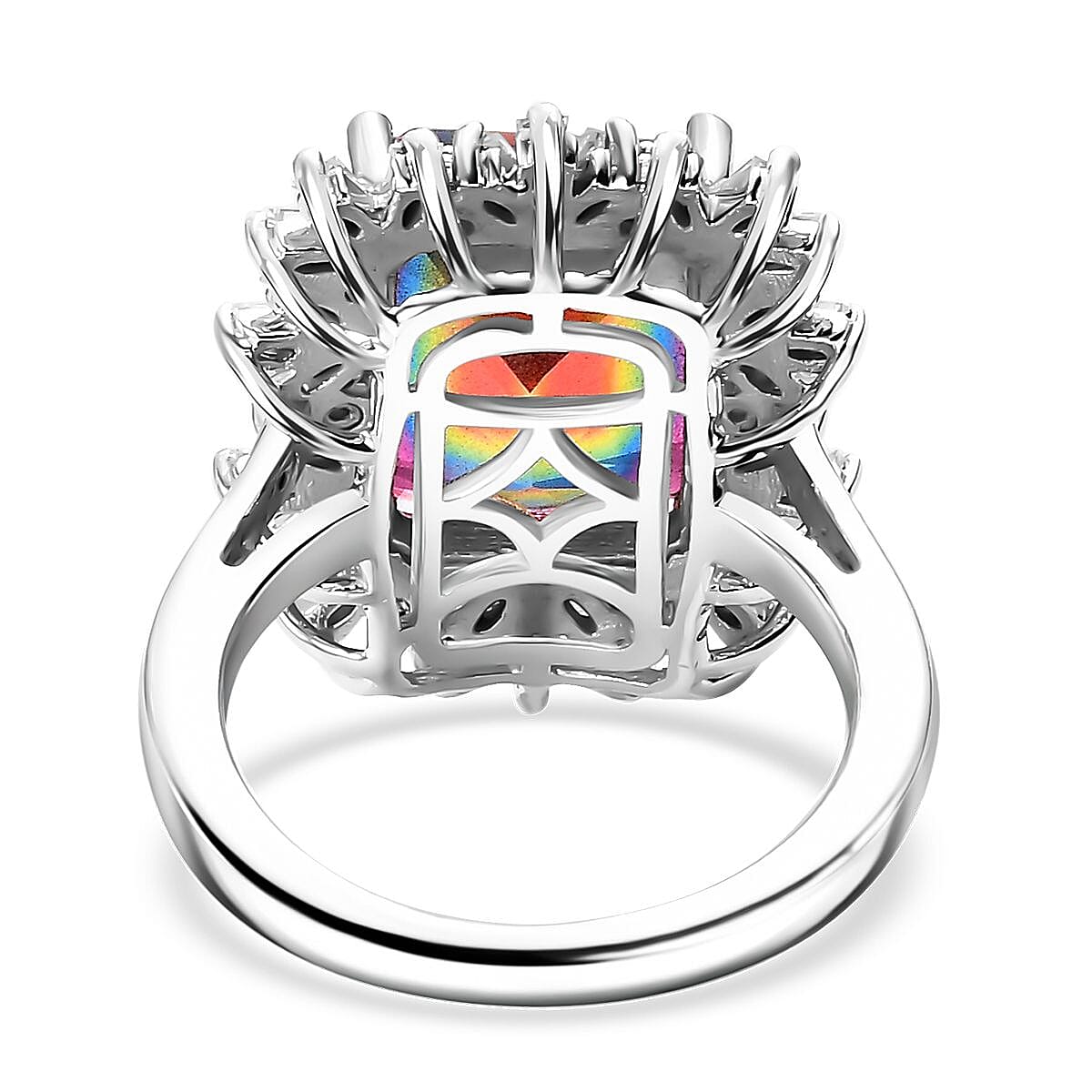 D'Joy Nebula Quartz Doublet and Moissanite 8.90 ctw Cosmic Ray Ring in Rhodium Over Sterling Silver (Size 10.0)