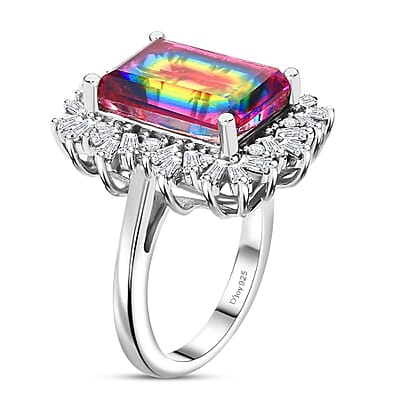 Nebula Quartz Doublet and Moissanite 8.90 ctw Cosmic Ray Ring in Rhodium Over Sterling Silver (Size 11.0)