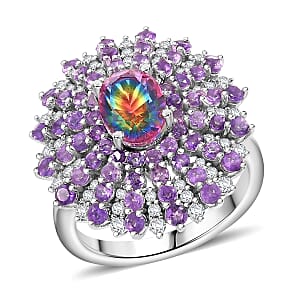 D'Joy Nebula Quartz Doublet and Multi Gemstone 3.40 ctw Galactic Bloom Ring in Rhodium Over Sterling Silver (Size 10.0)