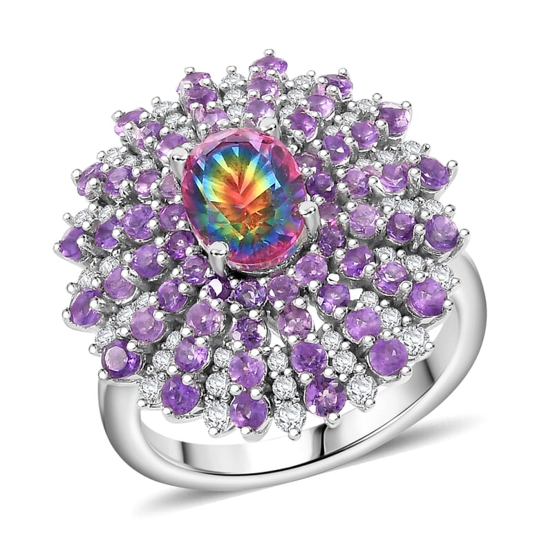 D'Joy Nebula Quartz Doublet and Multi Gemstone 3.40 ctw Galactic Bloom Ring in Rhodium Over Sterling Silver (Size 10.0)