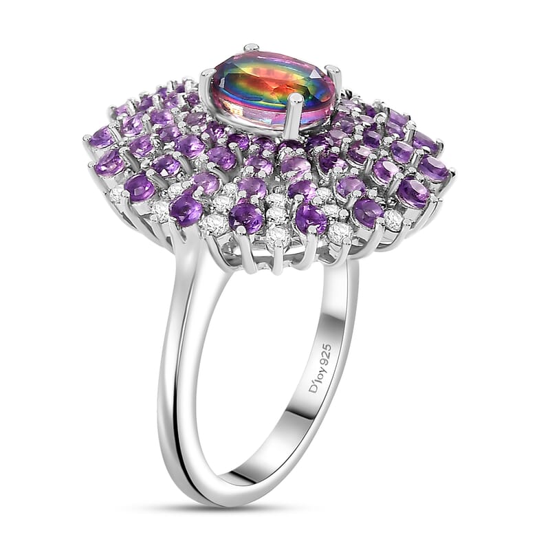 D'Joy Nebula Quartz Doublet and Multi Gemstone 3.40 ctw Galactic Bloom Ring in Rhodium Over Sterling Silver (Size 10.0)