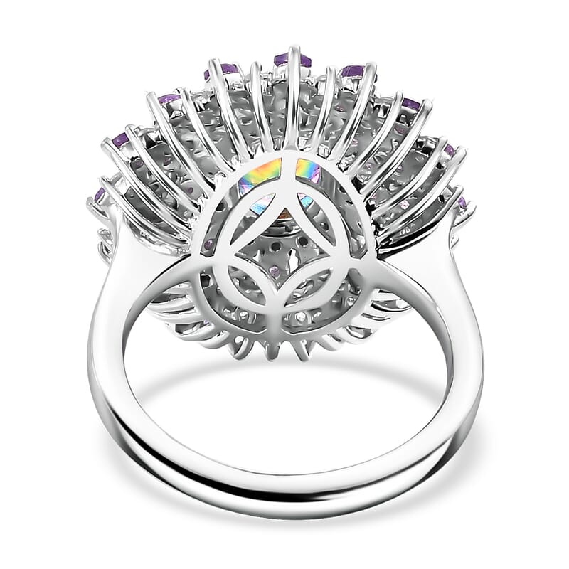 D'Joy Nebula Quartz Doublet and Multi Gemstone 3.40 ctw Galactic Bloom Ring in Rhodium Over Sterling Silver (Size 10.0)