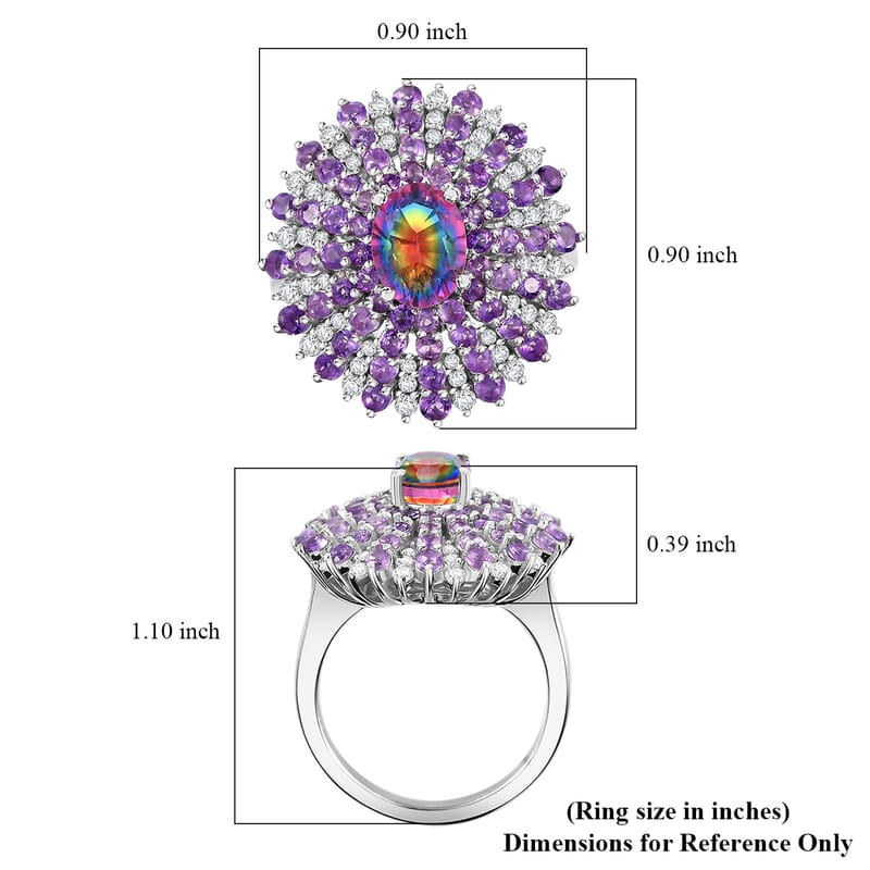 D'Joy Nebula Quartz Doublet and Multi Gemstone 3.40 ctw Galactic Bloom Ring in Rhodium Over Sterling Silver (Size 10.0)