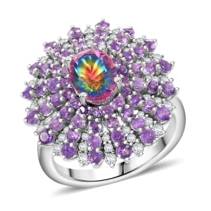 Nebula Quartz Doublet and Multi Gemstone 3.40 ctw Galactic Bloom Ring in Rhodium Over Sterling Silver (Size 6.0)