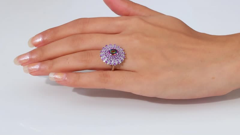 Premium Nebula Quartz Doublet, Multi Gemstone Floral Spray Ring in Rhodium Over Sterling Silver (Size 7.0) 3.40 ctw