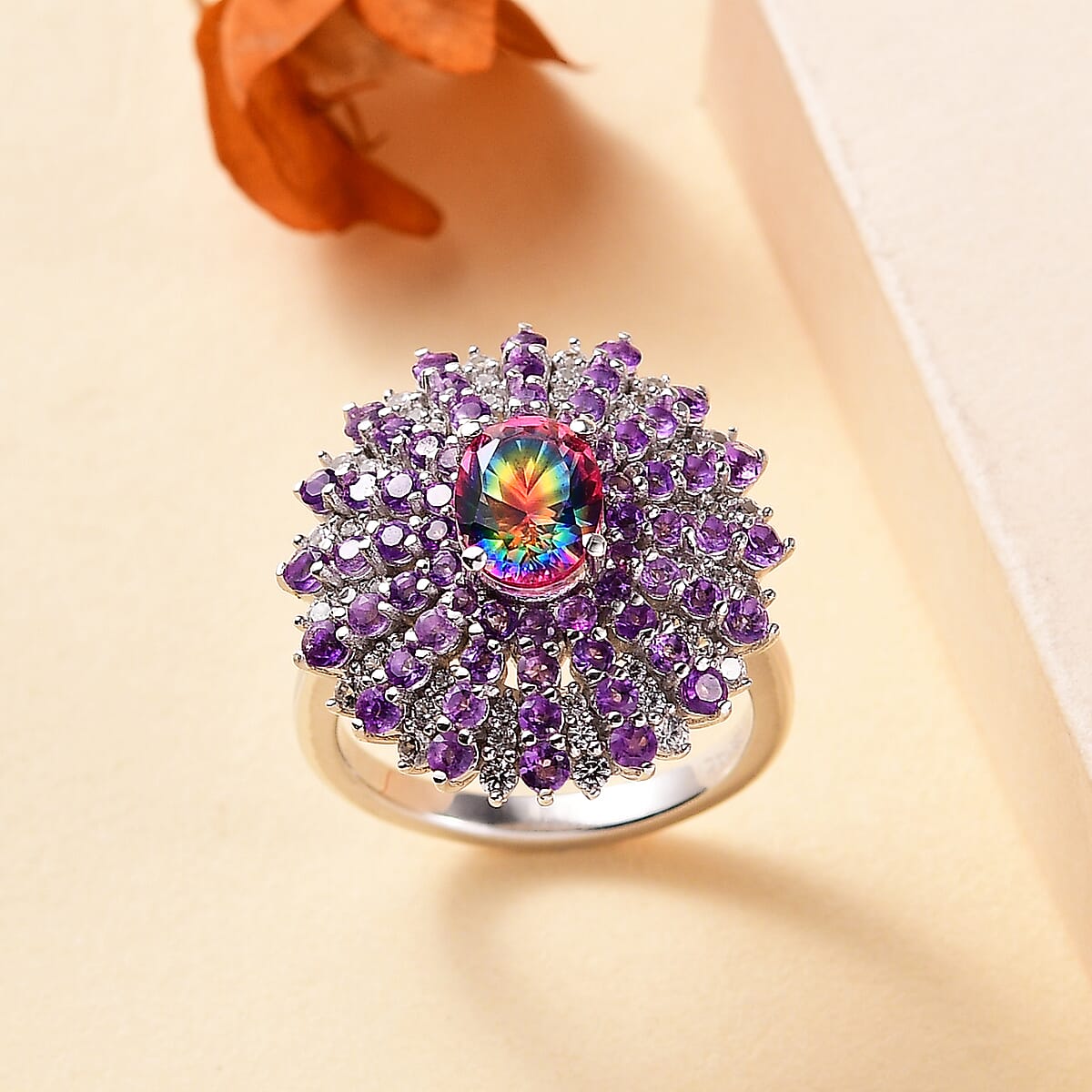 D'Joy Nebula Quartz Doublet and Multi Gemstone 3.40 ctw Galactic Bloom Ring in Rhodium Over Sterling Silver (Size 9.0) image number 1