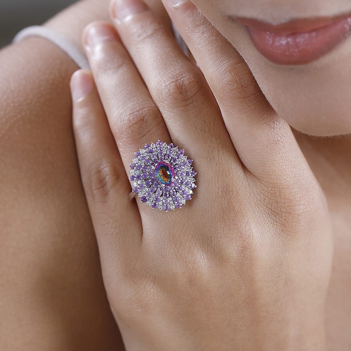 D'Joy Nebula Quartz Doublet and Multi Gemstone 3.40 ctw Galactic Bloom Ring in Rhodium Over Sterling Silver (Size 9.0) image number 2