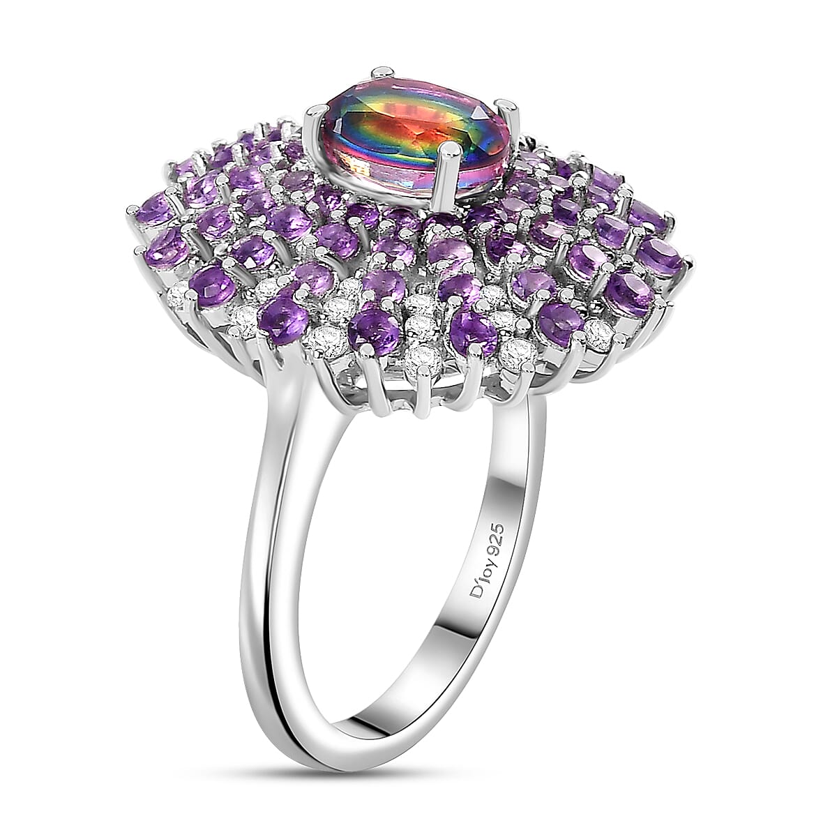 D'Joy Nebula Quartz Doublet and Multi Gemstone 3.40 ctw Galactic Bloom Ring in Rhodium Over Sterling Silver (Size 9.0) image number 3