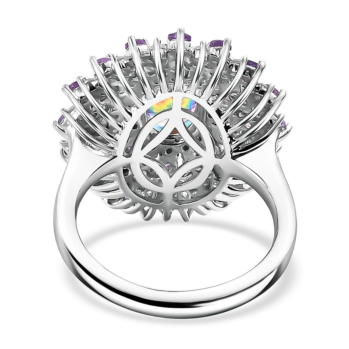 D'Joy Nebula Quartz Doublet and Multi Gemstone 3.40 ctw Galactic Bloom Ring in Rhodium Over Sterling Silver (Size 9.0) image number 4