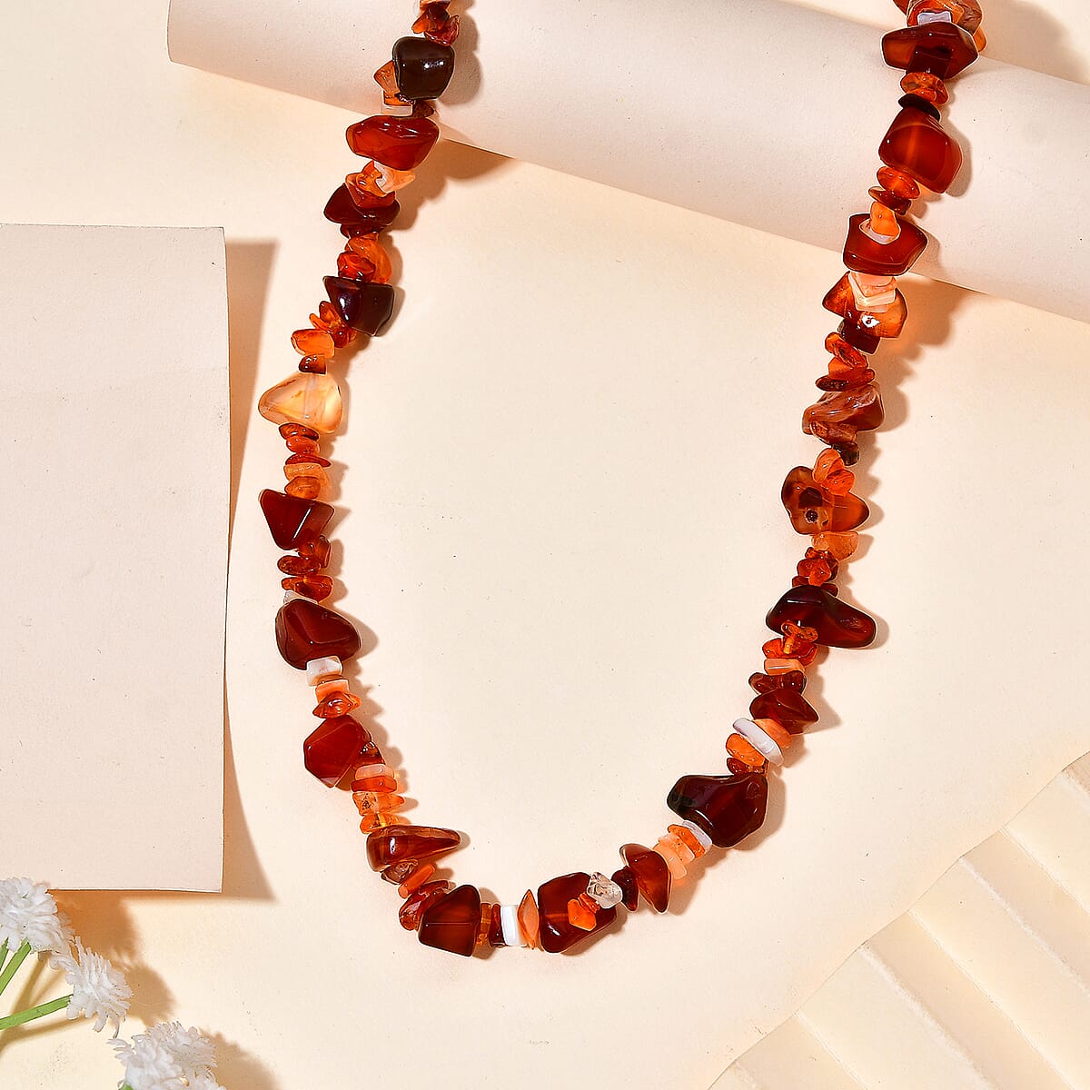 Karis Fire Opal and Carnelian Chips 195.00 ctw Necklace 20 Inches in Platinum Bond image number 1