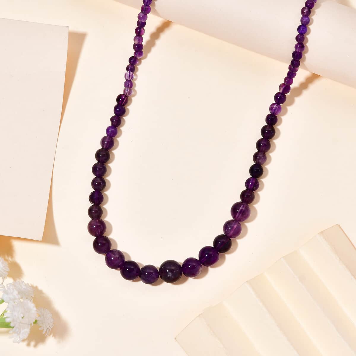 African Amethyst Beaded 85.00 ctw Necklace 20 Inches in Stainless Steel image number 1