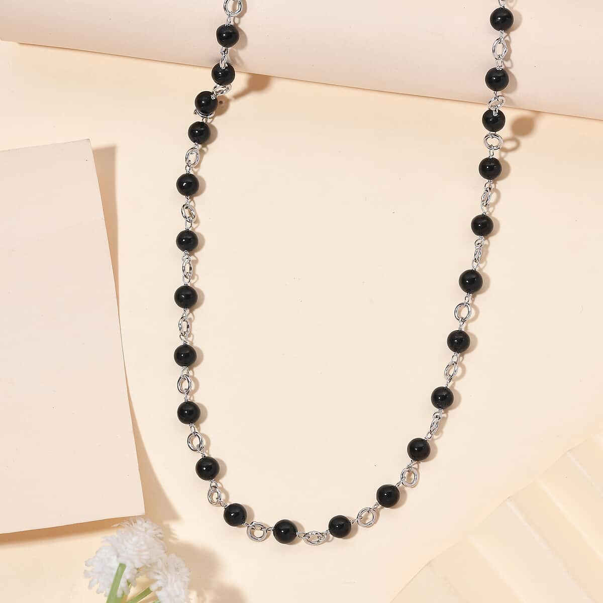 Black Agate 48.65 ctw Necklace 20 Inches in Stainless Steel  image number 1