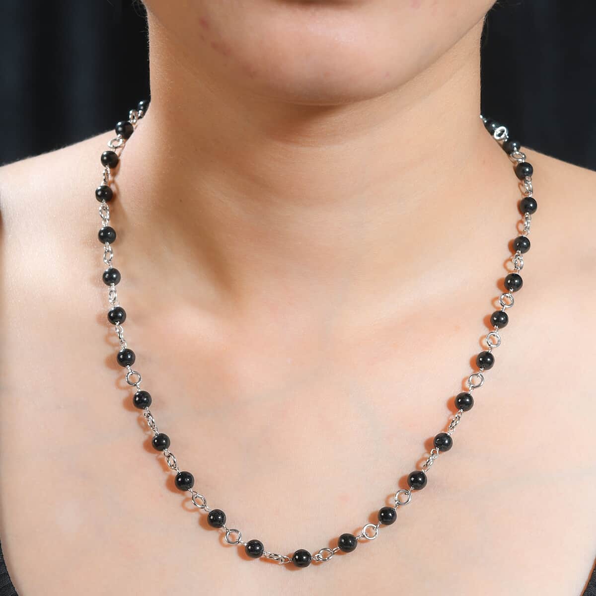 Black Agate 48.65 ctw Necklace 20 Inches in Stainless Steel  image number 2