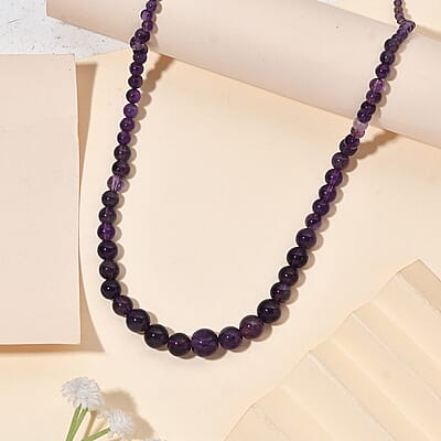 African Amethyst Beaded 113.00 ctw Necklace 20 Inches in Stainless Steel