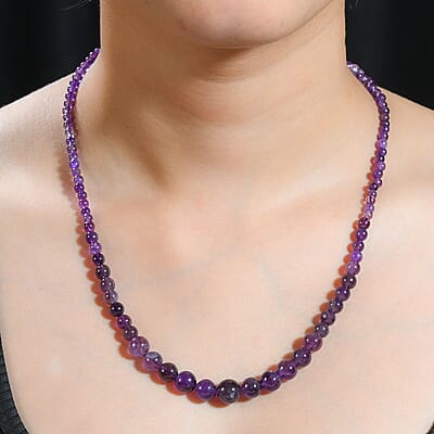 African Amethyst Beaded 113.00 ctw Necklace 20 Inches in Stainless Steel