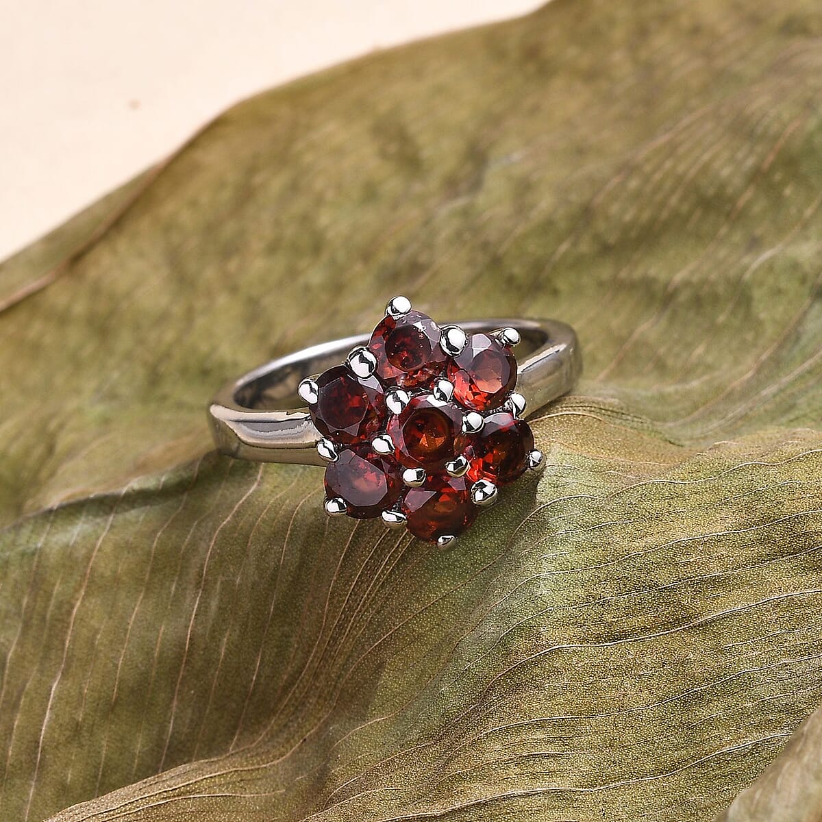 Mozambique Garnet 2.35 ctw Floral Ring in Stainless Steel (Size 9.0)  image number 1