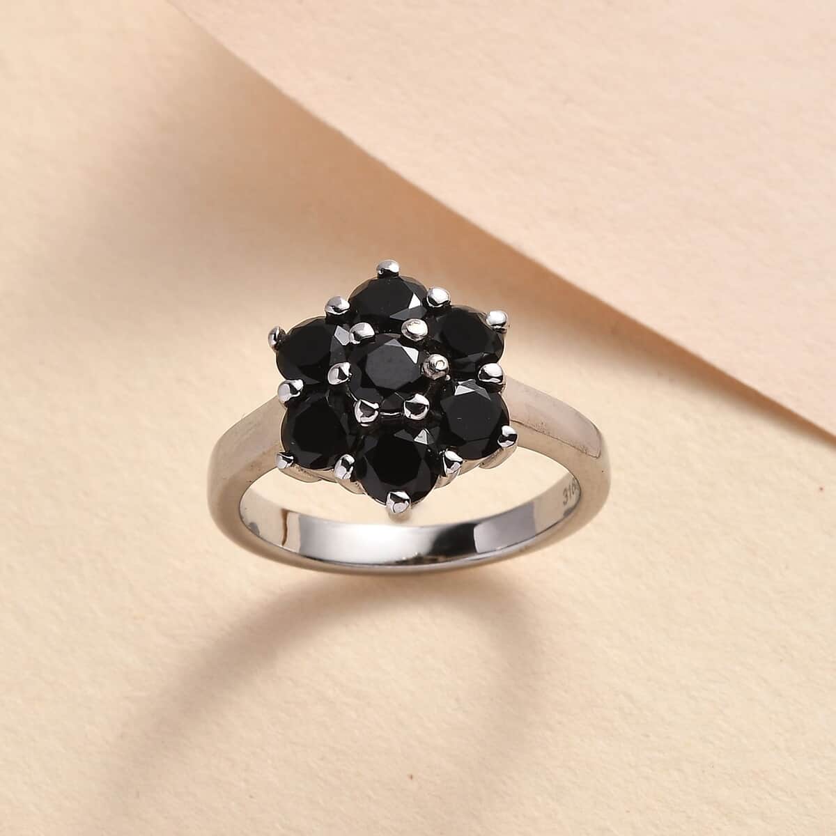 Thai Black Spinel 1.60 ctw Floral Ring in Stainless Steel (Size 10.0)  image number 1