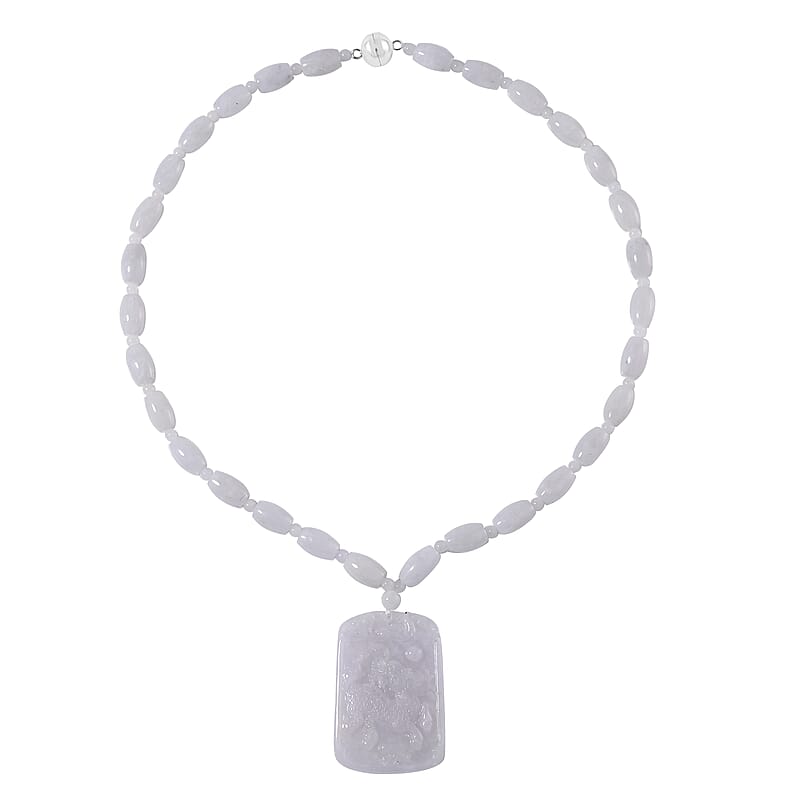 Natural Jade 360.00 ctw Carved Qilin Pendant with Beaded Necklace in Rhodium Over Sterling Silver 20 Inches