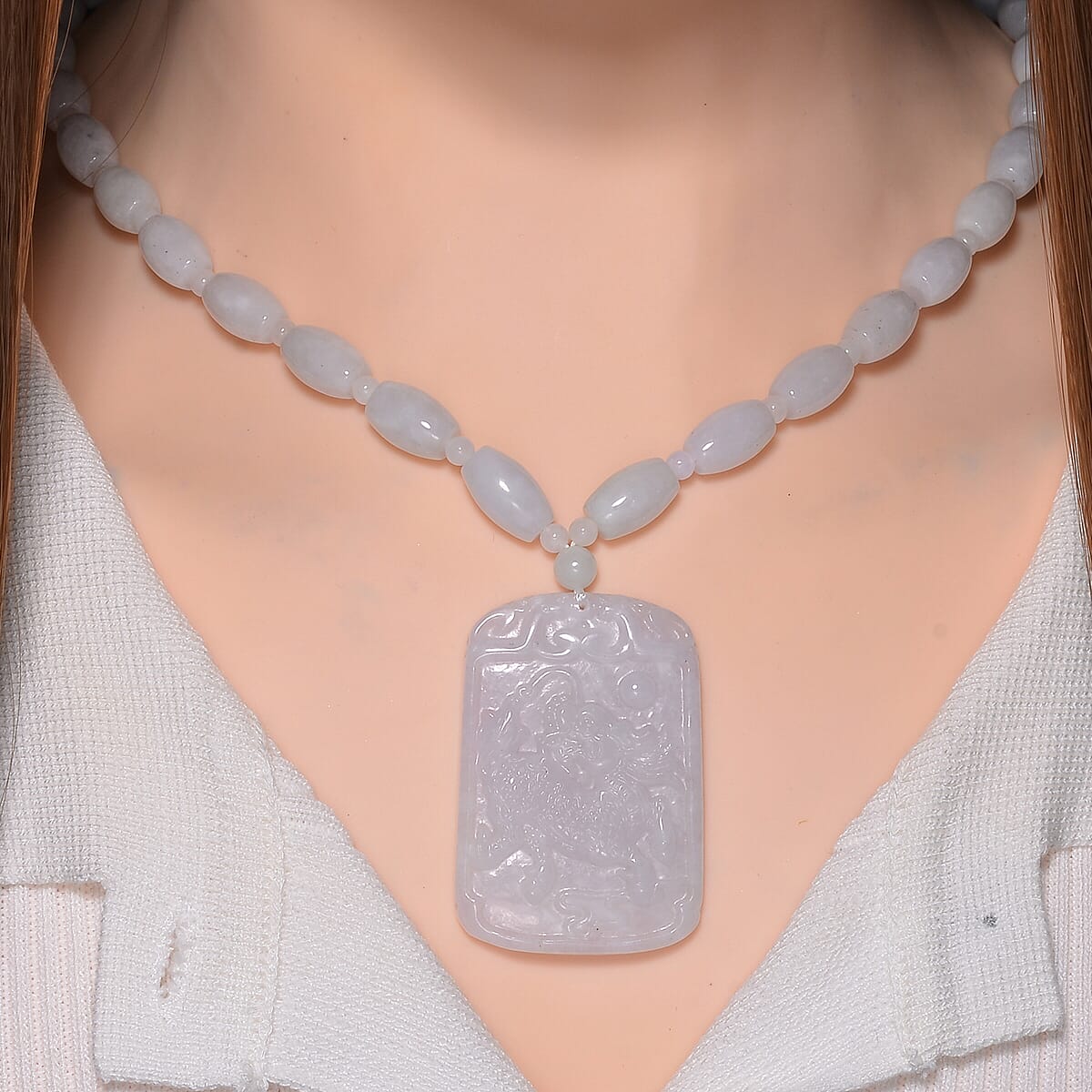 Natural Jade 360.00 ctw Carved Qilin Pendant with Beaded Necklace in Rhodium Over Sterling Silver 20 Inches image number 1