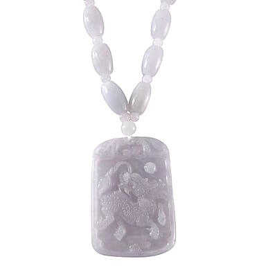 Natural Jade 360.00 ctw Carved Qilin Pendant with Beaded Necklace in Rhodium Over Sterling Silver 20 Inches