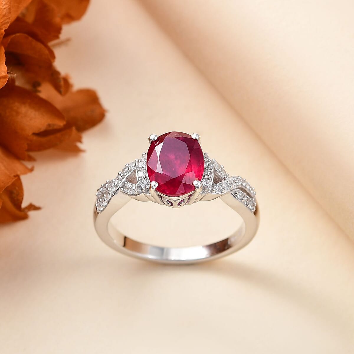 Premium Niassa Ruby (FF) and White Zircon 3.00 ctw Infinity Ring in Rhodium Over Sterling Silver (Size 10.0) image number 1