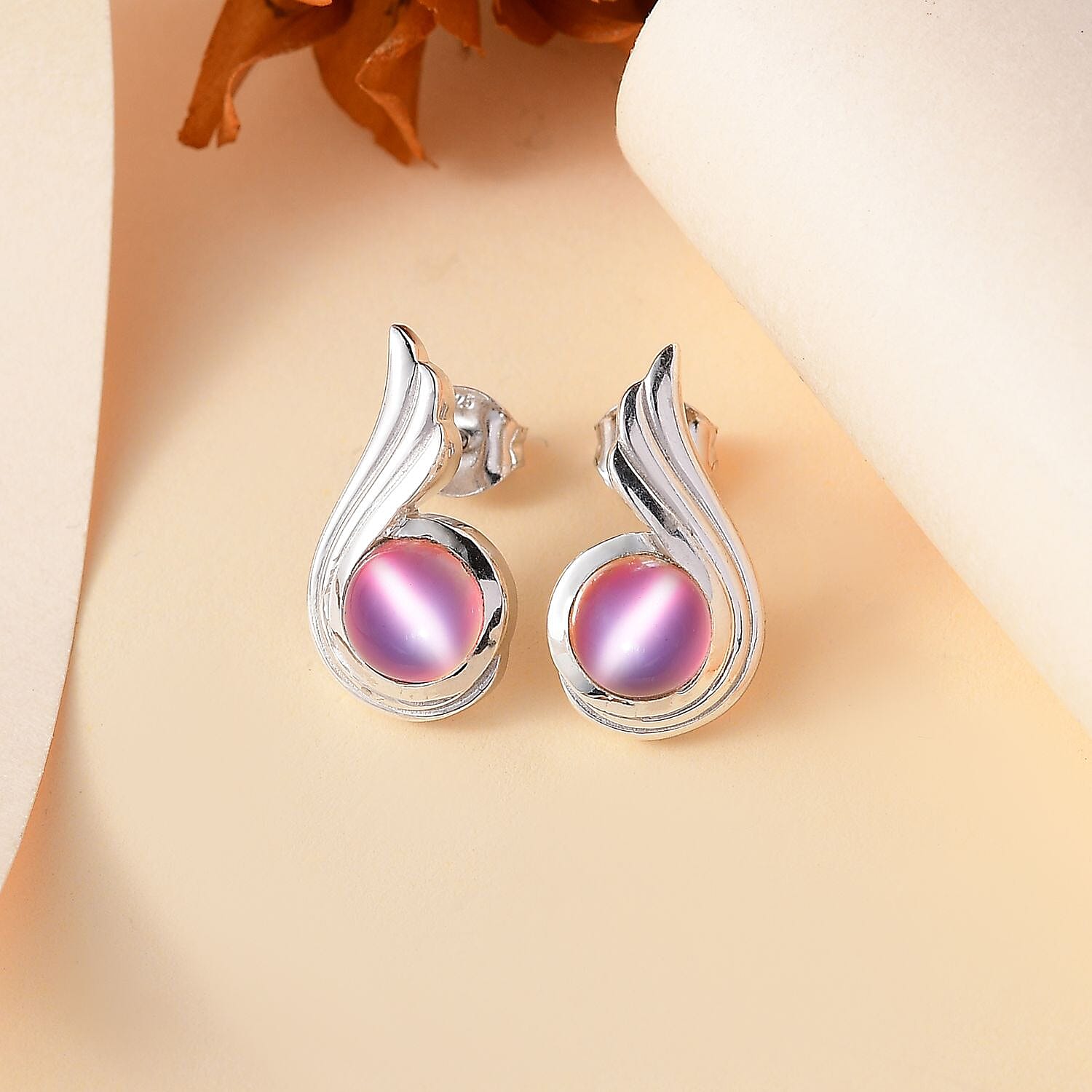 Flamingo Moonstone 3.00 ctw Earrings in Rhodium Over Sterling Silver