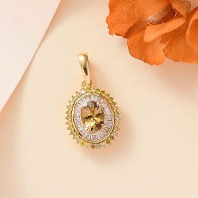 Golden Tanzanite, Natural Yellow and White Diamond 1.19 ctw Pendant in 18K Vermeil Yellow Gold Over Sterling Silver