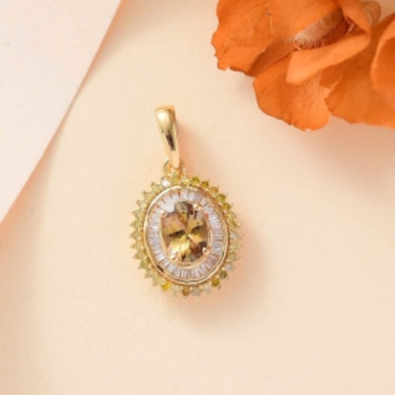 Golden Tanzanite, Natural Yellow and White Diamond 1.19 ctw Pendant in 18K Vermeil Yellow Gold Over Sterling Silver