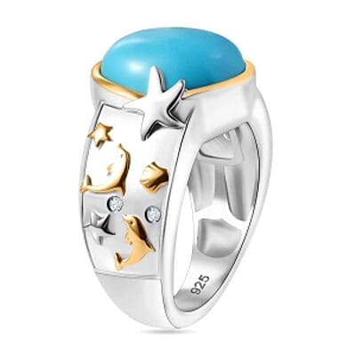 Sleeping Beauty Turquoise and White Zircon 4.38 ctw Ring in Vermeil Yellow Gold Over Sterling Silver (Size 10)