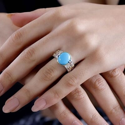 Sleeping Beauty Turquoise and White Zircon 4.38 ctw Ring in Vermeil Yellow Gold Over Sterling Silver (Size 10)