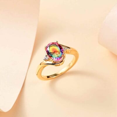 Nebula Quartz Doublet and White Zircon 2.13 ctw Ring in Vermeil Yellow Gold Over Sterling Silver (Size 6.5)