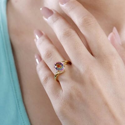 Nebula Quartz Doublet and White Zircon 2.13 ctw Ring in Vermeil Yellow Gold Over Sterling Silver (Size 6.5)