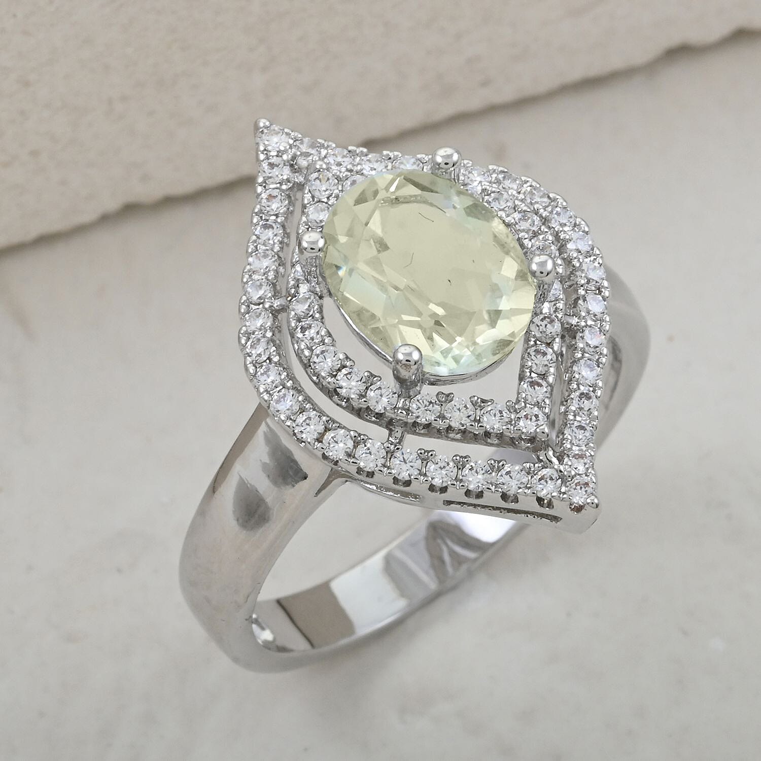 Simulated Prasiolite and Simulated Diamond 2.90 ctw Ring in Silvertone (Size 10.0)